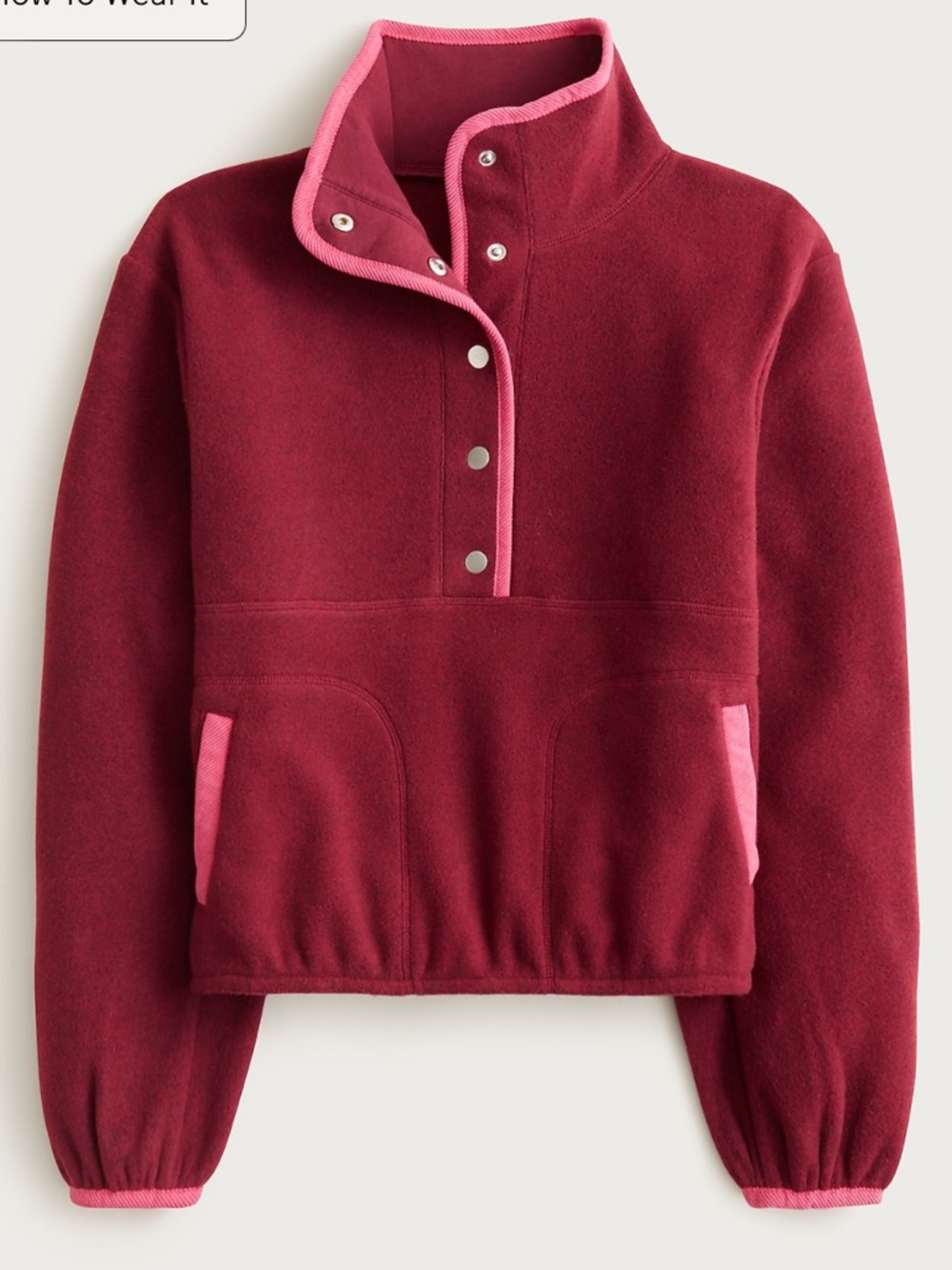 J. Crew Burgundy Teddy Fleece Pullover with Pink Trim